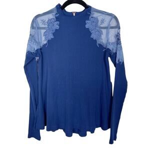 New Free People XS Blue Daniella Lace Top Long Sleeve Ribbed Swingy Side Split
